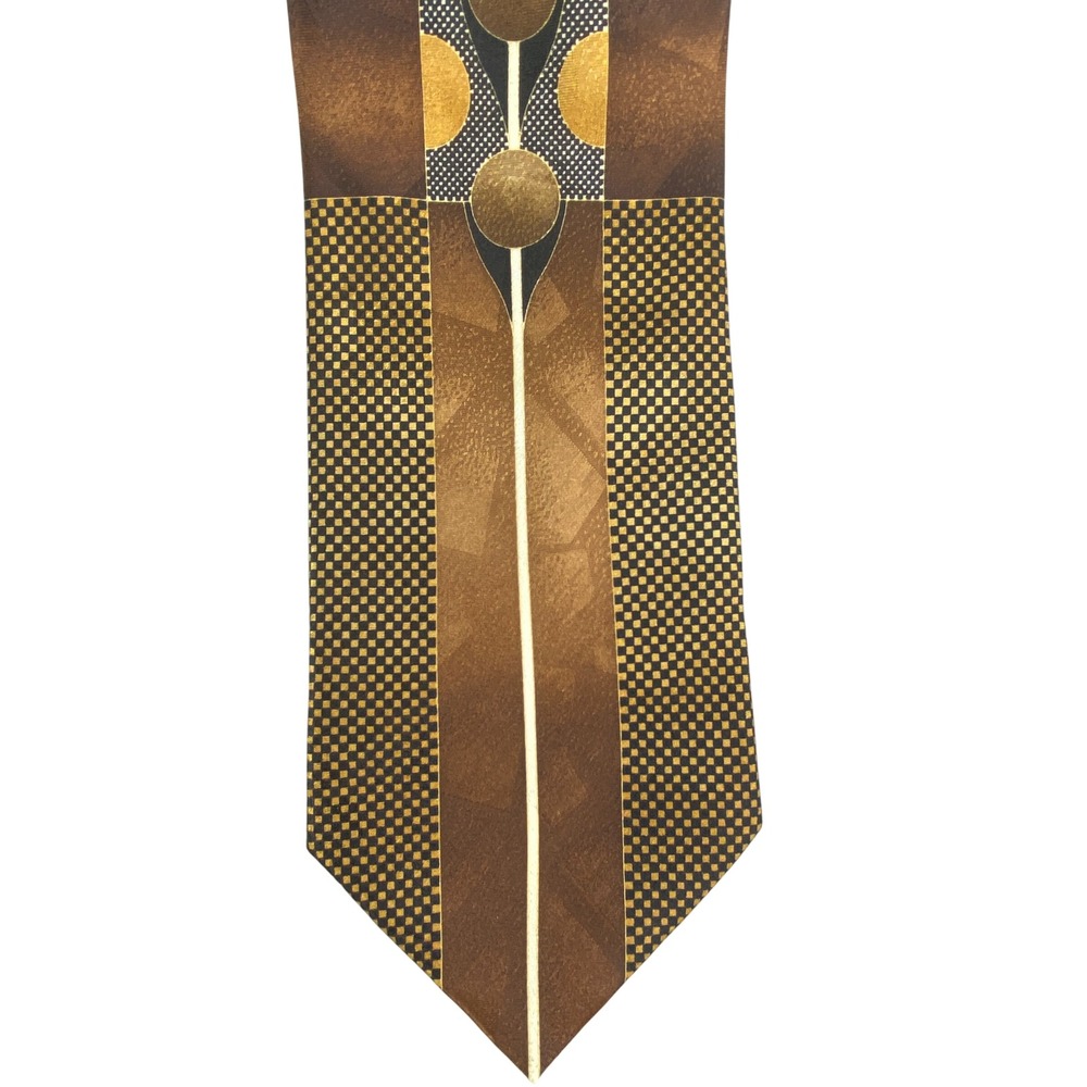 I. Ashmani Mens Tie Brown Gold Geometric Abstract Art Deco Artsy Checkered 57x4